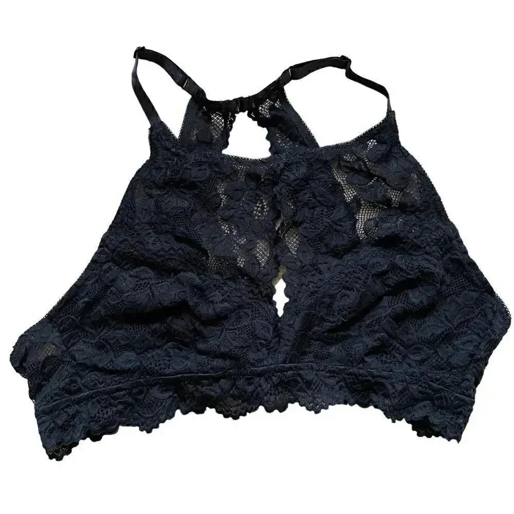 Jenny Jen Black Embroidered Floral Lace RACERBACK PADDED BRALETTE Spandex SZ L
